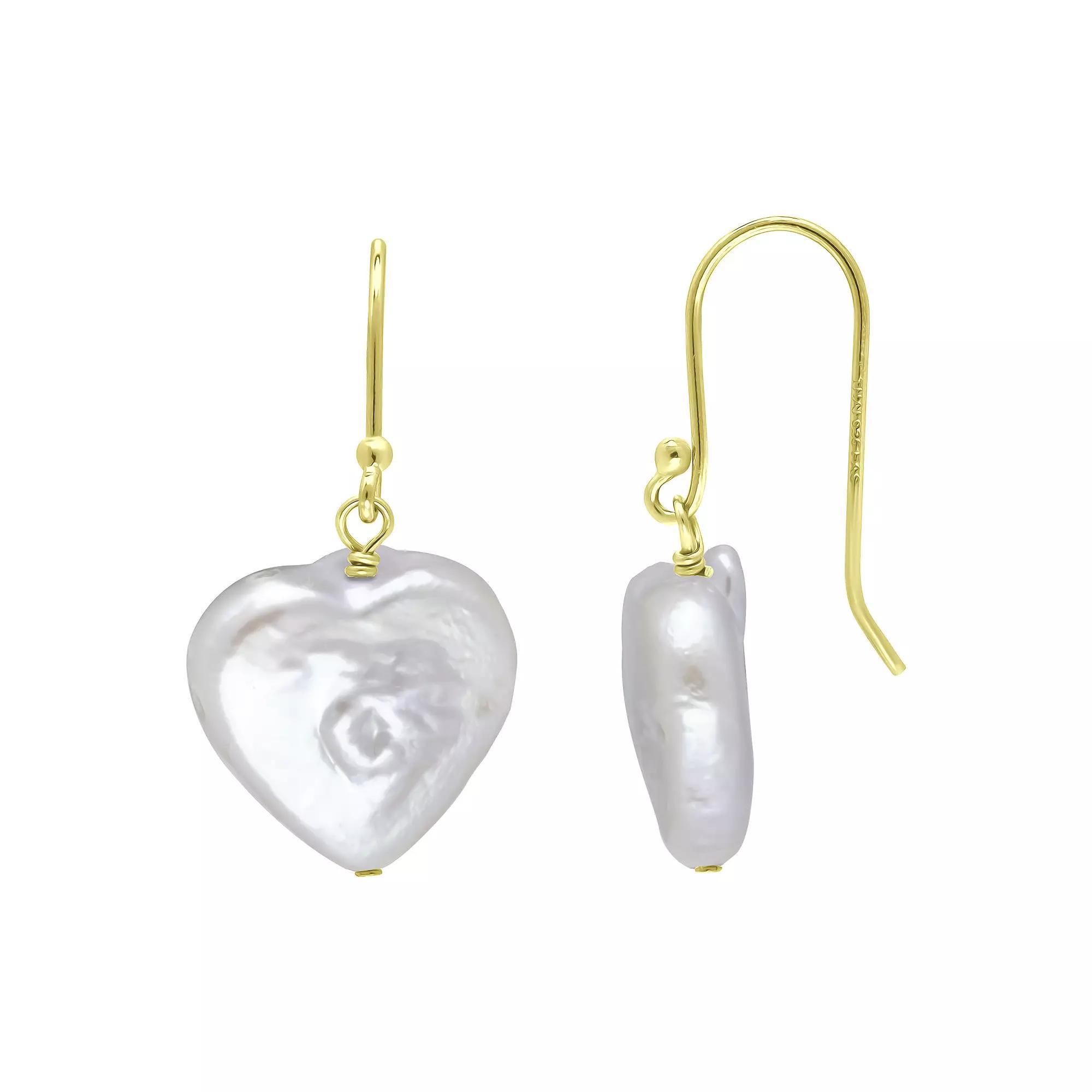 Aleure Precioso 18k Gold Over Silver Heart Shaped Freshwater Cultured Pearl Drop Earrings, Women's, Gold Tone White Product Image