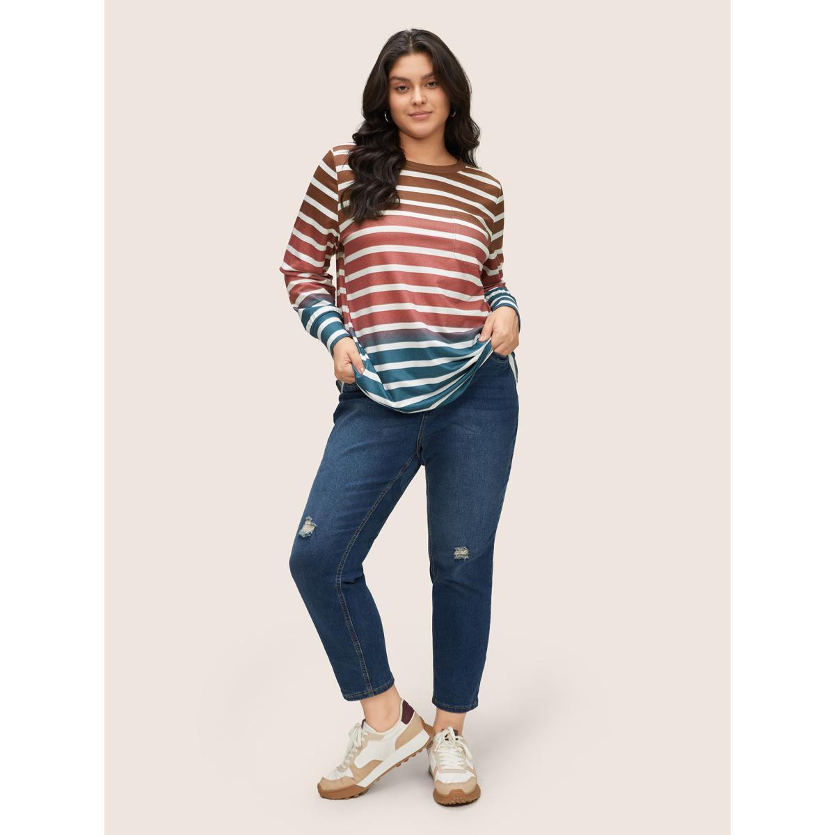 Plus Size Ombre Contrast Striped Patched Pocket Sweatshirt Women Multicolor Casual Non Round Neck Everyday Sweatshirts BloomChic 22-24/3X Product Image