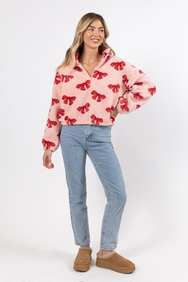 What Fun It Is Pink Bow Print Sherpa Pullover SALE Product Image