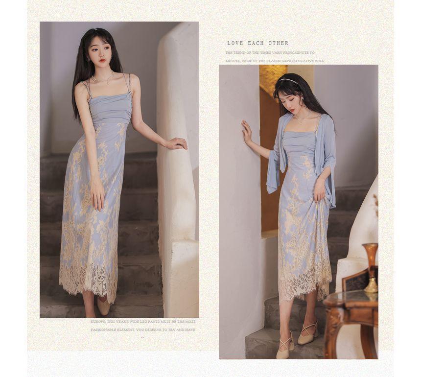 Spaghetti Strap Floral Lace Midi A-Line Dress / Plain Crop Light Jacket / Set Product Image