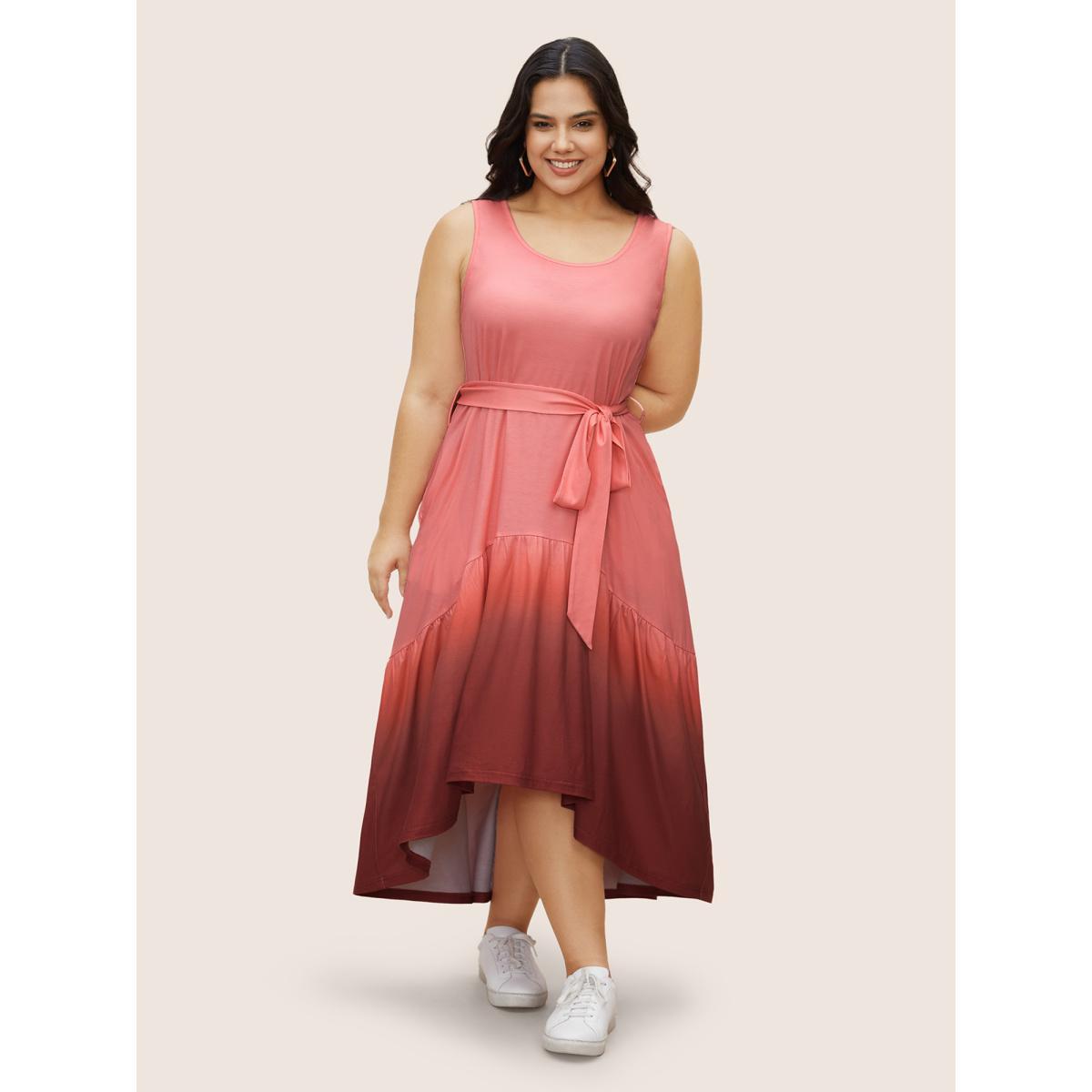 Plus Size Round Neck Ombre Belted Tank Dress Pink Women Casual Belted Round Neck Sleeveless Curvy BloomChic 22-24/3X Product Image