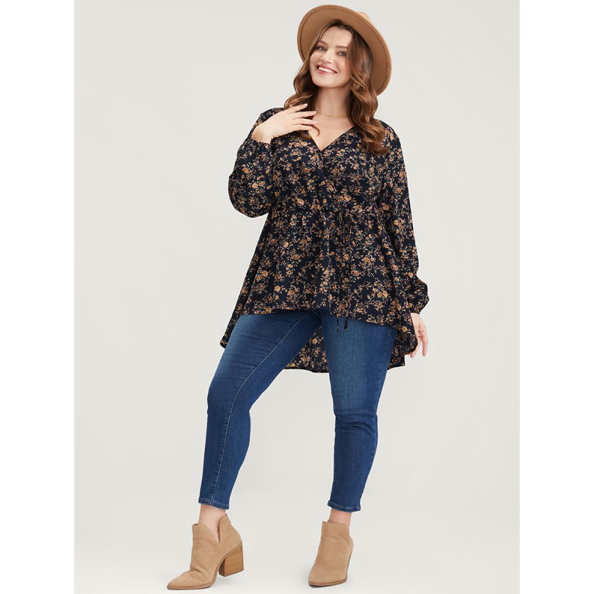 Plus Size Indigo Floral Wrap Lantern Sleeve High Low Hem Blouse Without Hat Women Elegant Long Sleeve V-neck Dailywear Blouses BloomChic 10/M Product Image