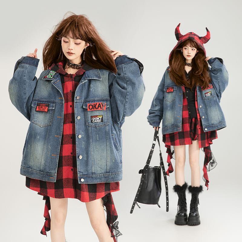 Hooded Plaid Panel Mock Two Piece Washed Denim Oversized Jacket Product Image