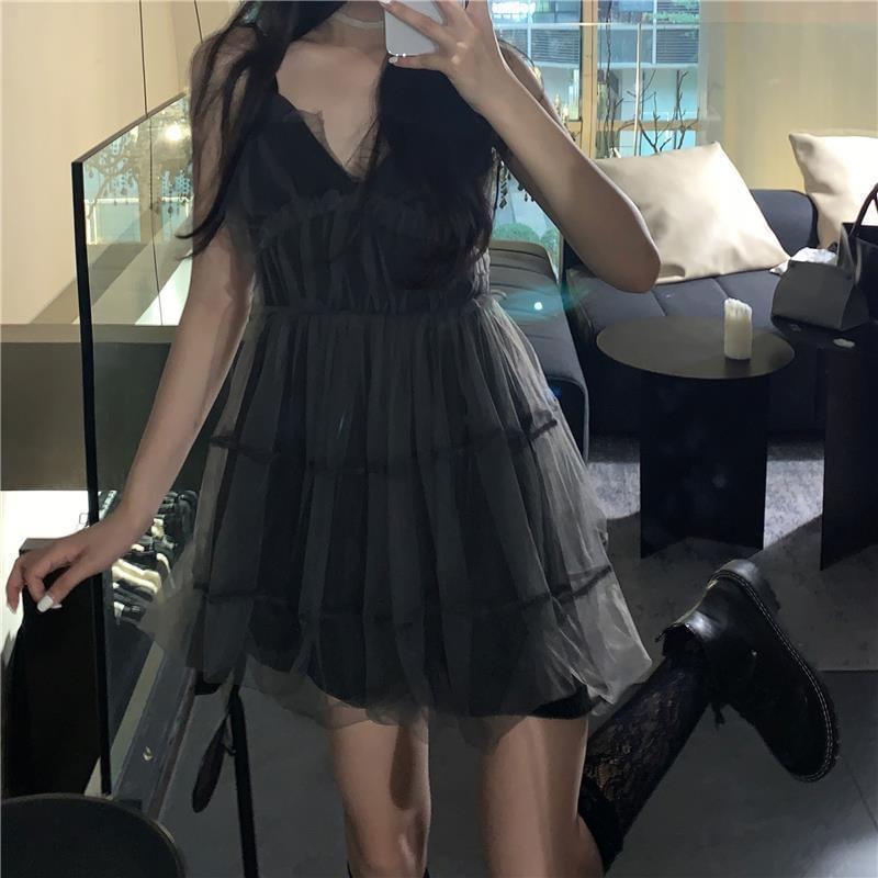 Sleeveless V-Neck Mesh Mini A-Line Dress Product Image