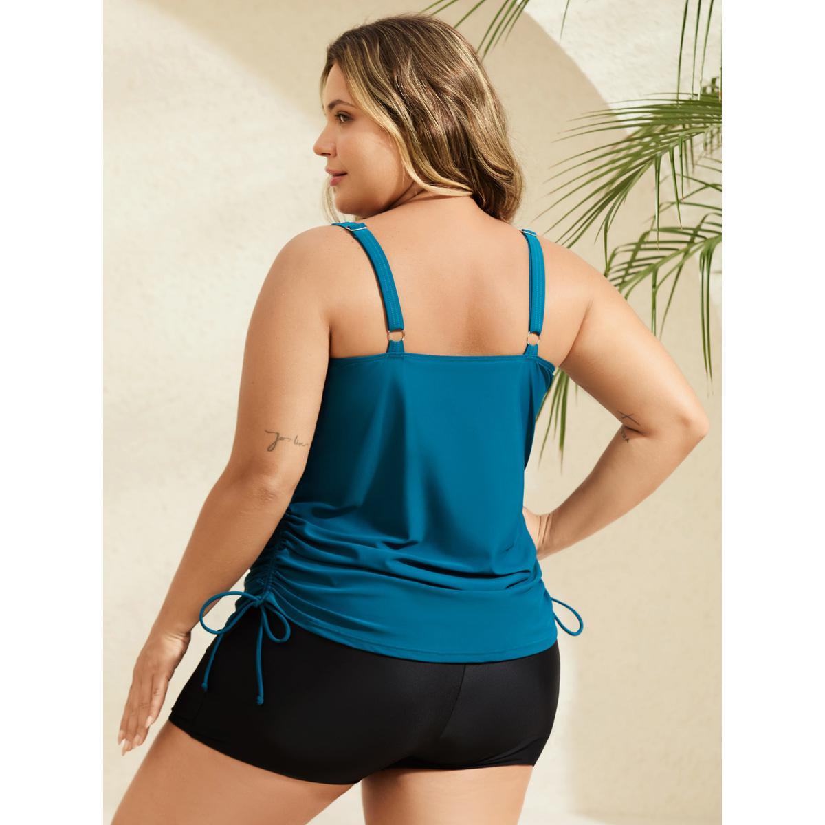 Plus Size Side Drawstrings Plain Swim Tankini Women's Swimwear Cyan Beach Drawstring High stretch Skinny U-neck Curve Swim Tops BloomChic 14-16/1X Product Image