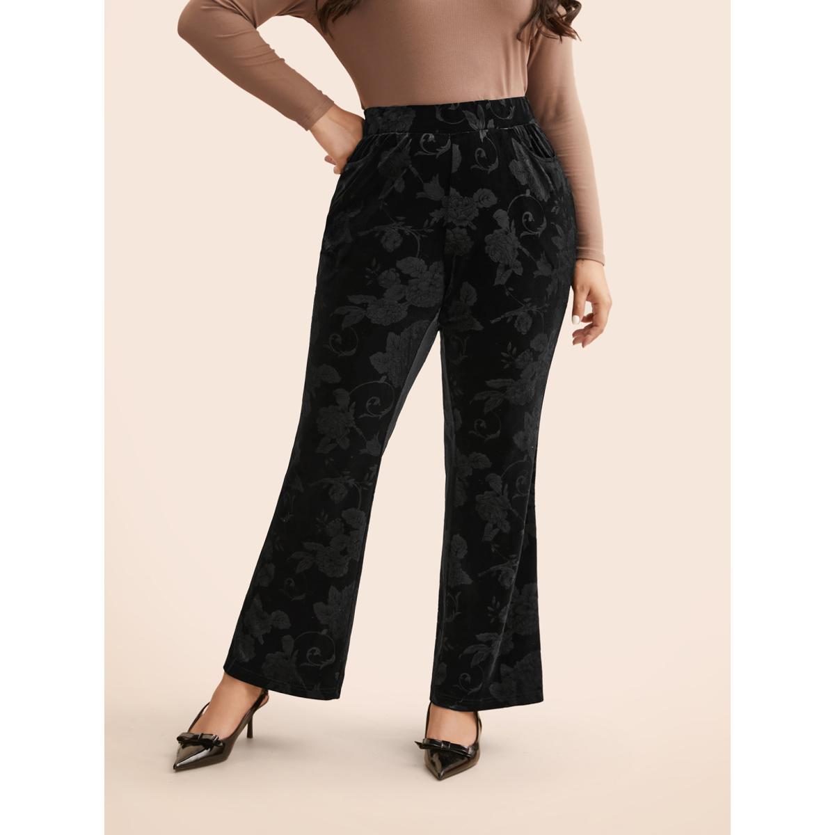 Plus Size Velvet Floral Mid Rise Bootcut Leggings Women Black Elegant Medium stretch Bootcut Mid Rise Everyday Leggings BloomChic 26/4X Product Image