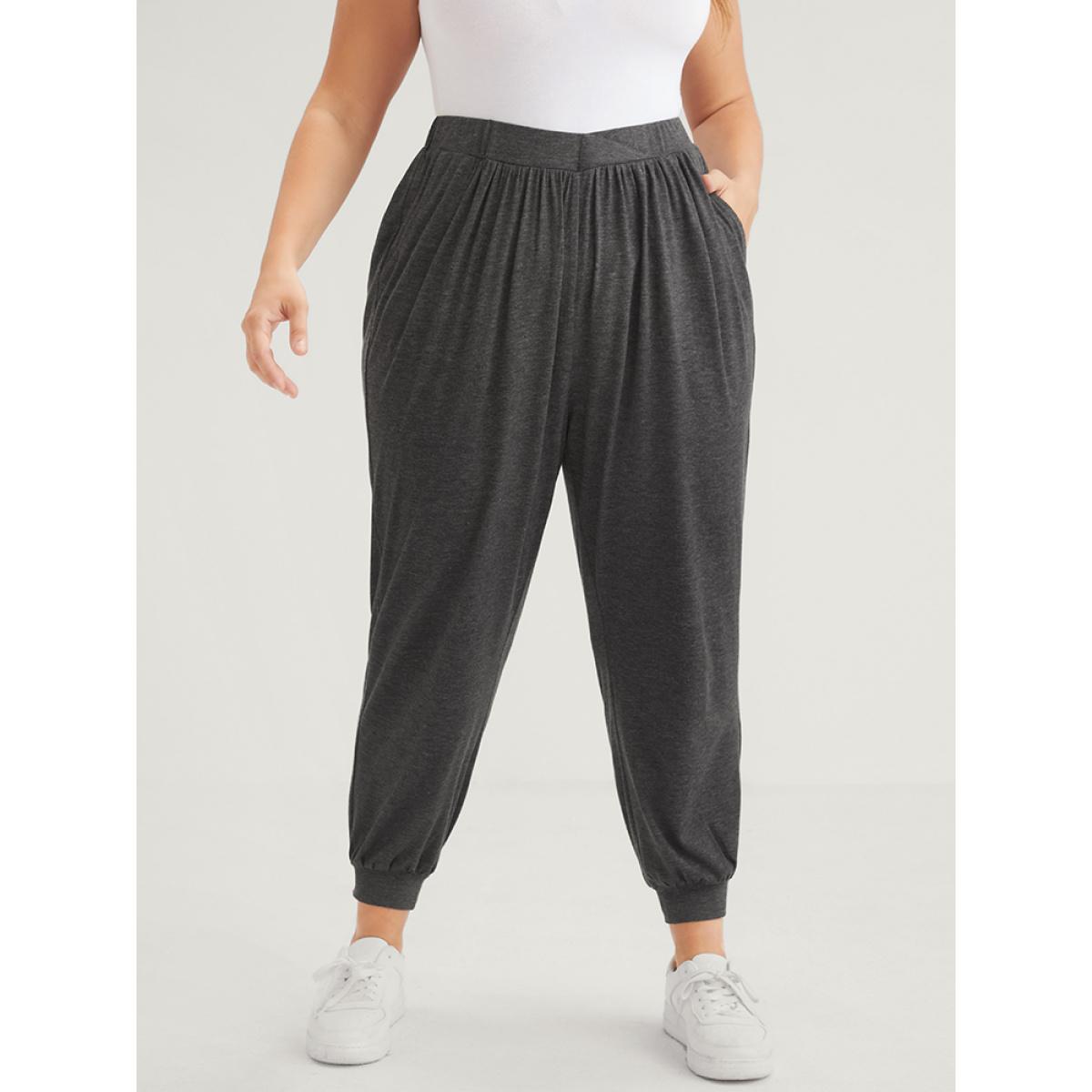 Plus Size Solid Gathered Elastic Waist Pocket Pants Women DimGray Casual High Rise Dailywear Pants BloomChic 28/5X Product Image