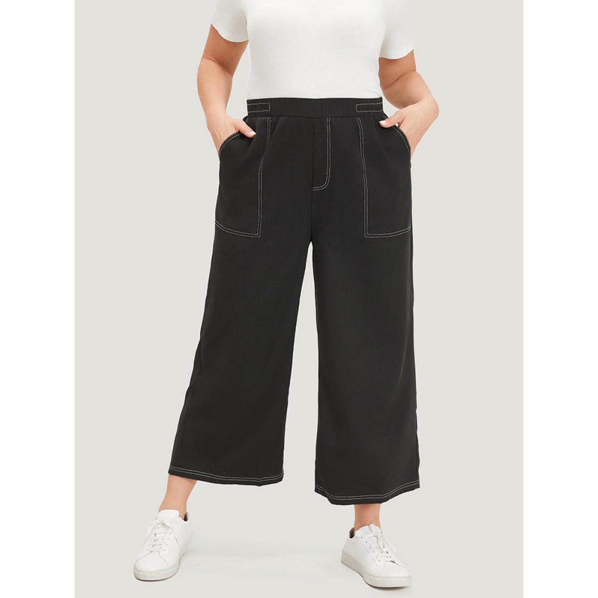 Plus Size Plain Stitch Slant Pocket High Rise Pants Women Black Elegant Straight Leg High Rise Dailywear Pants BloomChic 28/5X Product Image