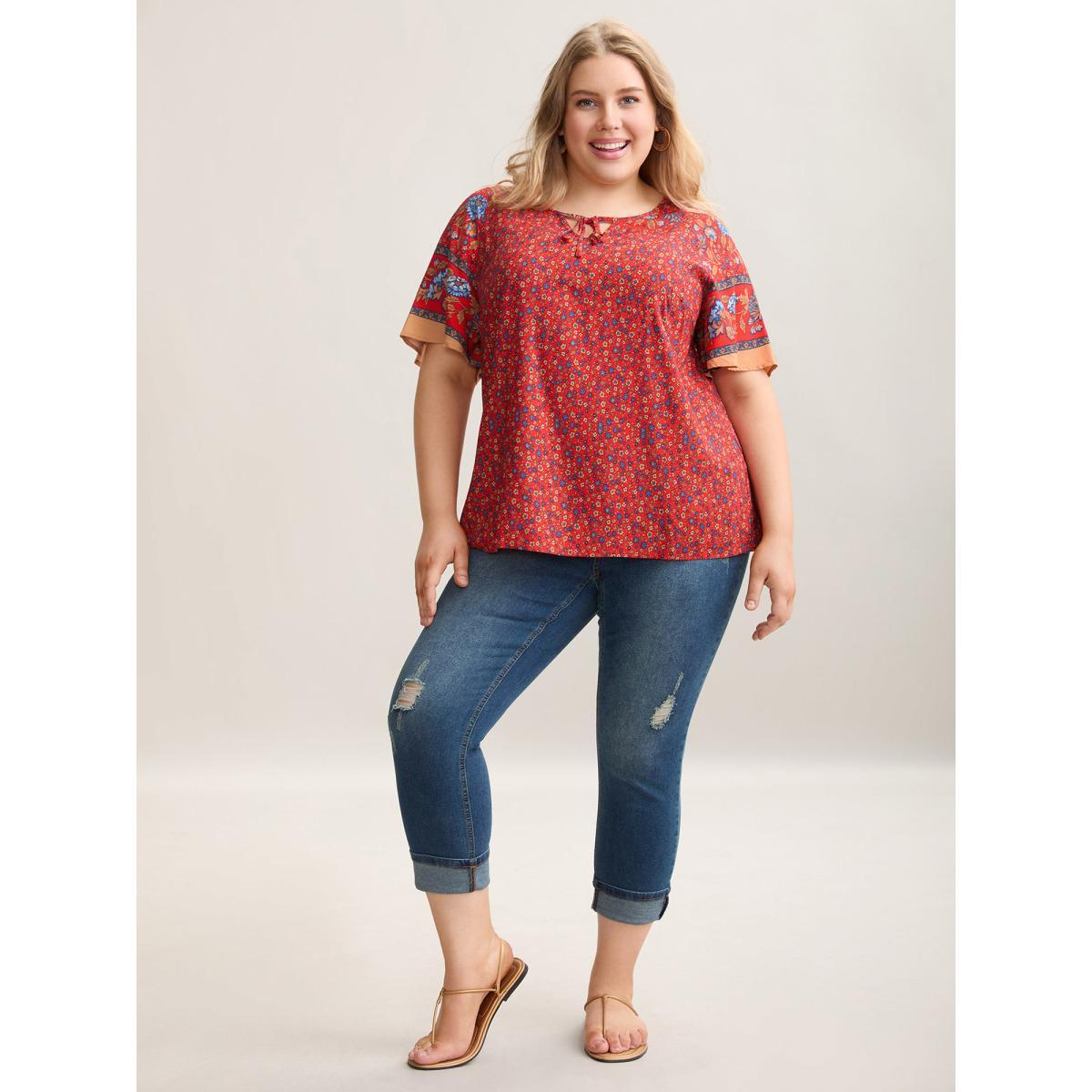 Plus Size Raspberry Floral Print Neck Tie Half Sleeve Blouse Women Resort Short sleeve Notched collar Vacation Blouses BloomChic 10/M Product Image