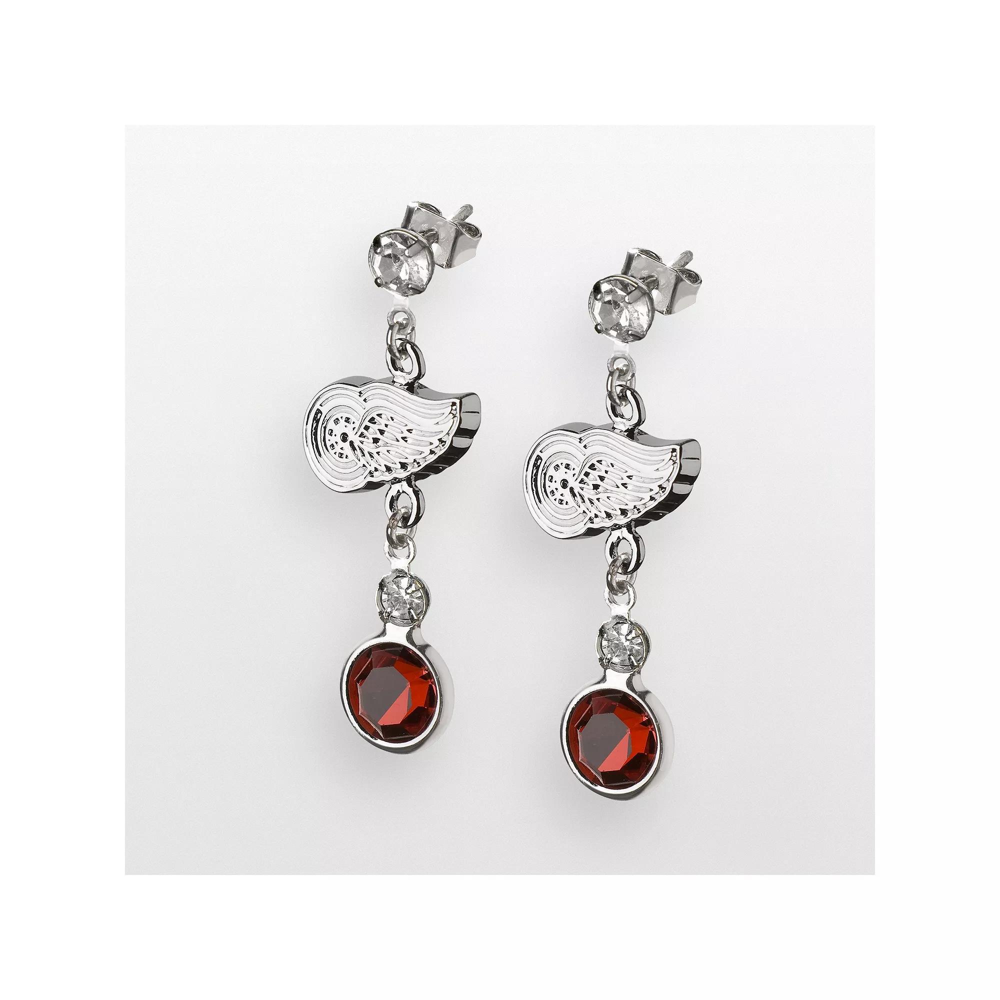LogoArt Detroit Red Wings Silver Tone Crystal Logo Linear Drop Earrings, Women's Product Image