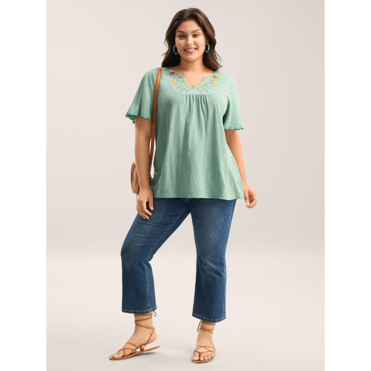 Plus Size Pure Cotton Embroidered Pleated T-Shirt Greenbean Women Gathered Flat collar with V-notch Vacation T-shirts BloomChic 14-16/1X Product Image
