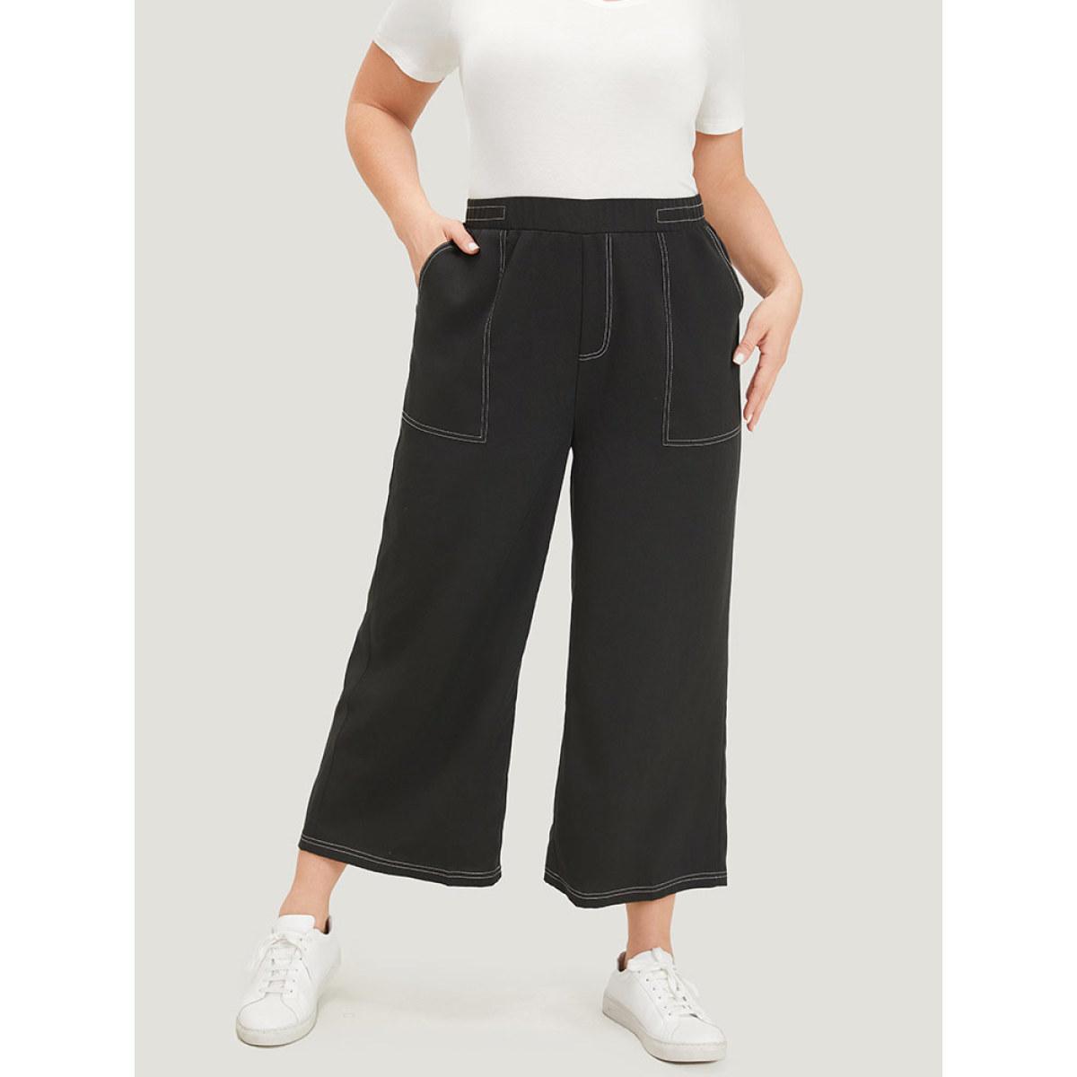 Plus Size Plain Stitch Slant Pocket High Rise Pants Women Black Elegant Straight Leg High Rise Dailywear Pants BloomChic 28/5X Product Image
