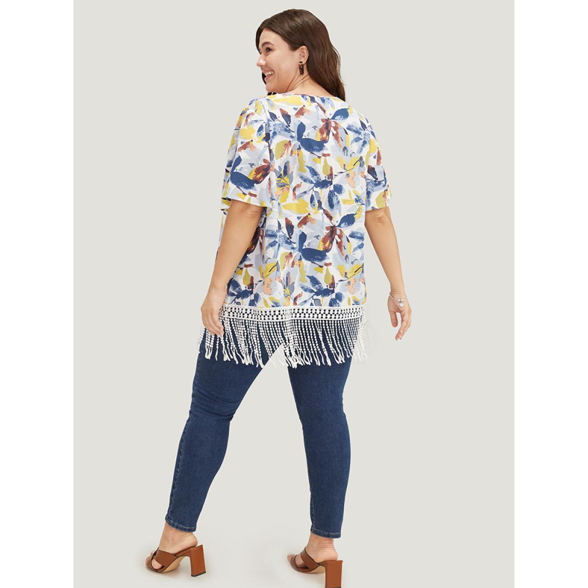 Plus Size Stone Plant Print Ruffle Sleeve Lace Fringe Hem Blouse Women Elegant Short sleeve Round Neck Dailywear Blouses BloomChic 12/L Product Image