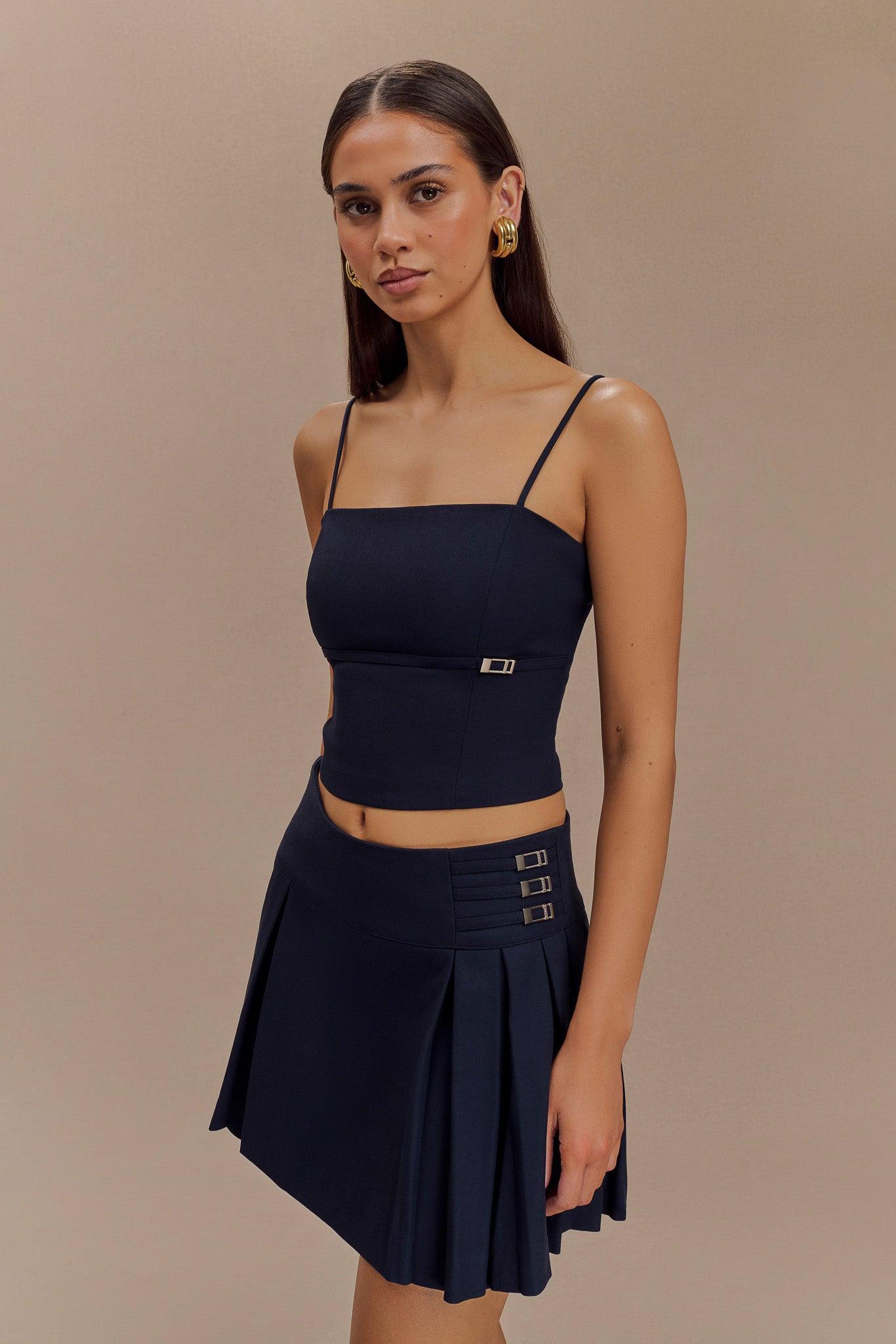 Angie Pleated Buckle Mini Skirt - Dark Navy Product Image