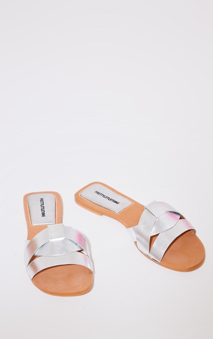 Silver Metallic Round Toe Real Leather Strap Mule Flat Sandals Product Image