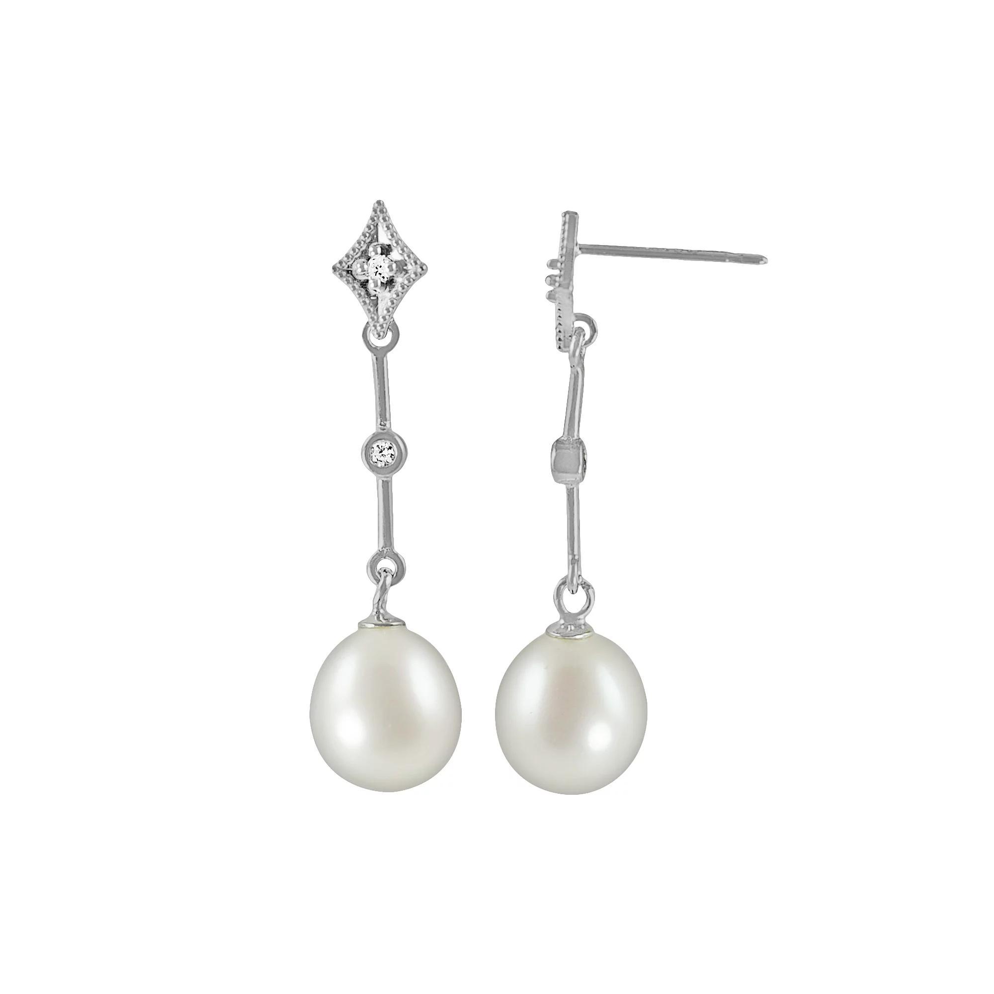 14k White Gold Freshwater Cultured Pearl & Diamond Accent Linear Drop Earrings, Womens Product Image