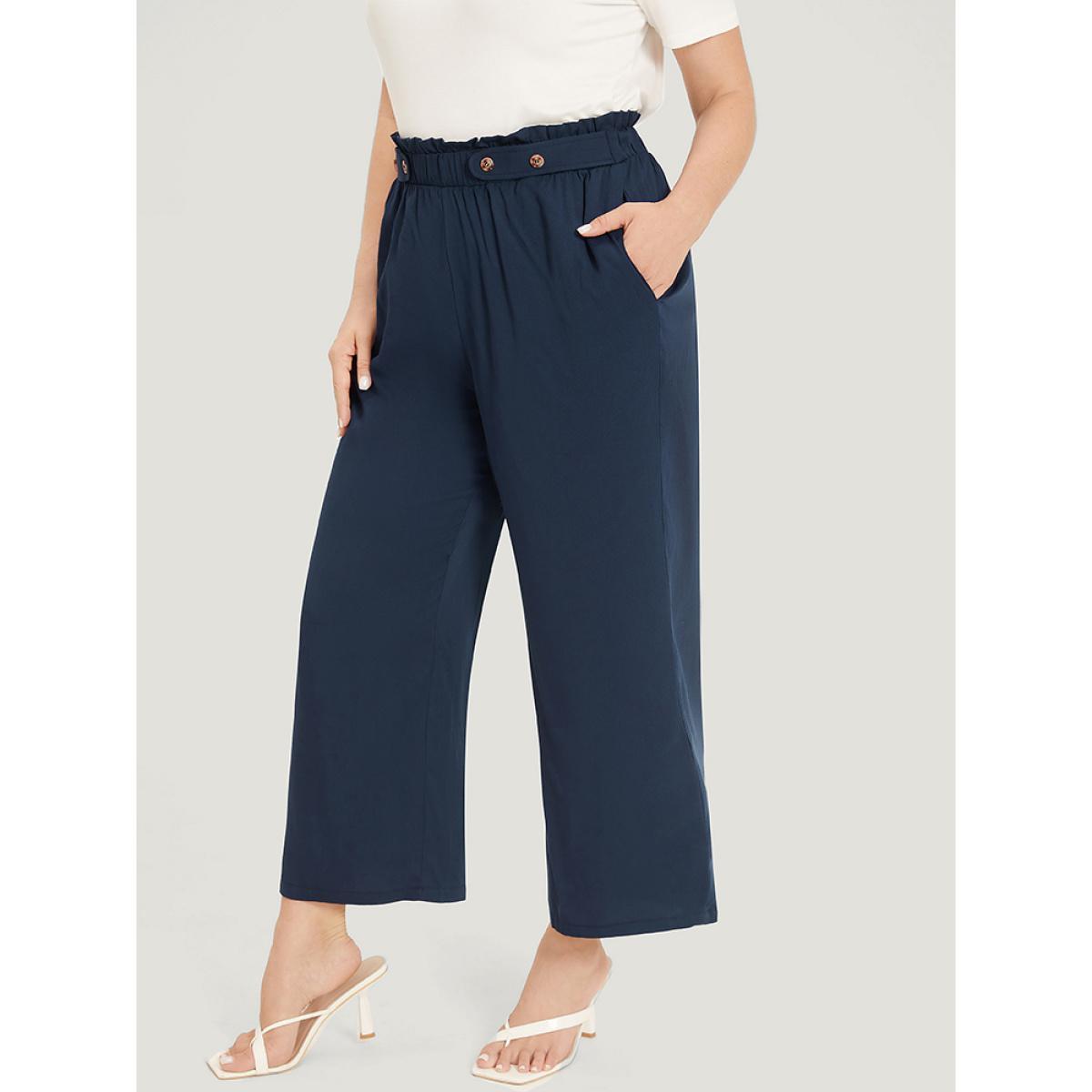 Plus Size Plain Pocket Paperbag Waist Button Detail Pants Women Indigo Elegant Straight Leg High Rise Dailywear Pants BloomChic 22-24/3X Product Image