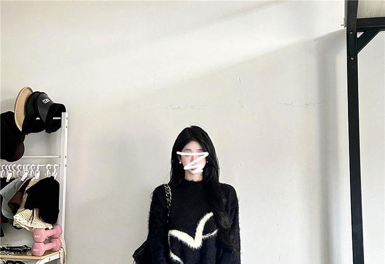 Mock Neck Heart Print Fluffy Oversized Sweater Product Image