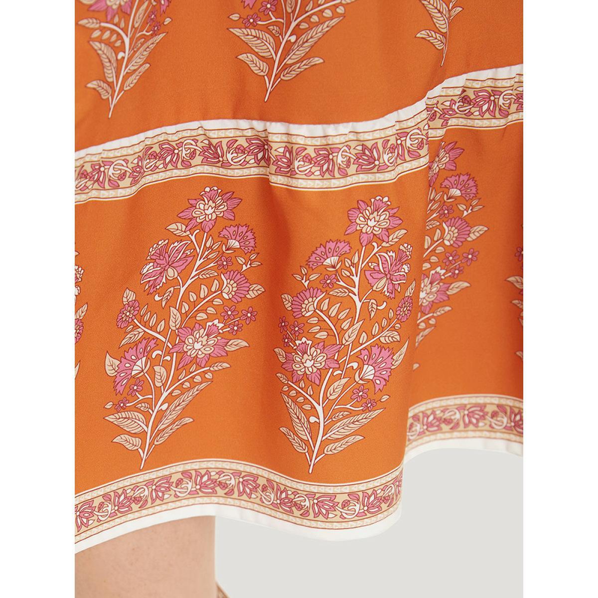 Plus Size Floral Print Button Detail Elastic Waist Patchwork Dress Emerald Women Vacation Gathered V-neck Short sleeve Curvy Midi Dress BloomChic 26/4X Product Image
