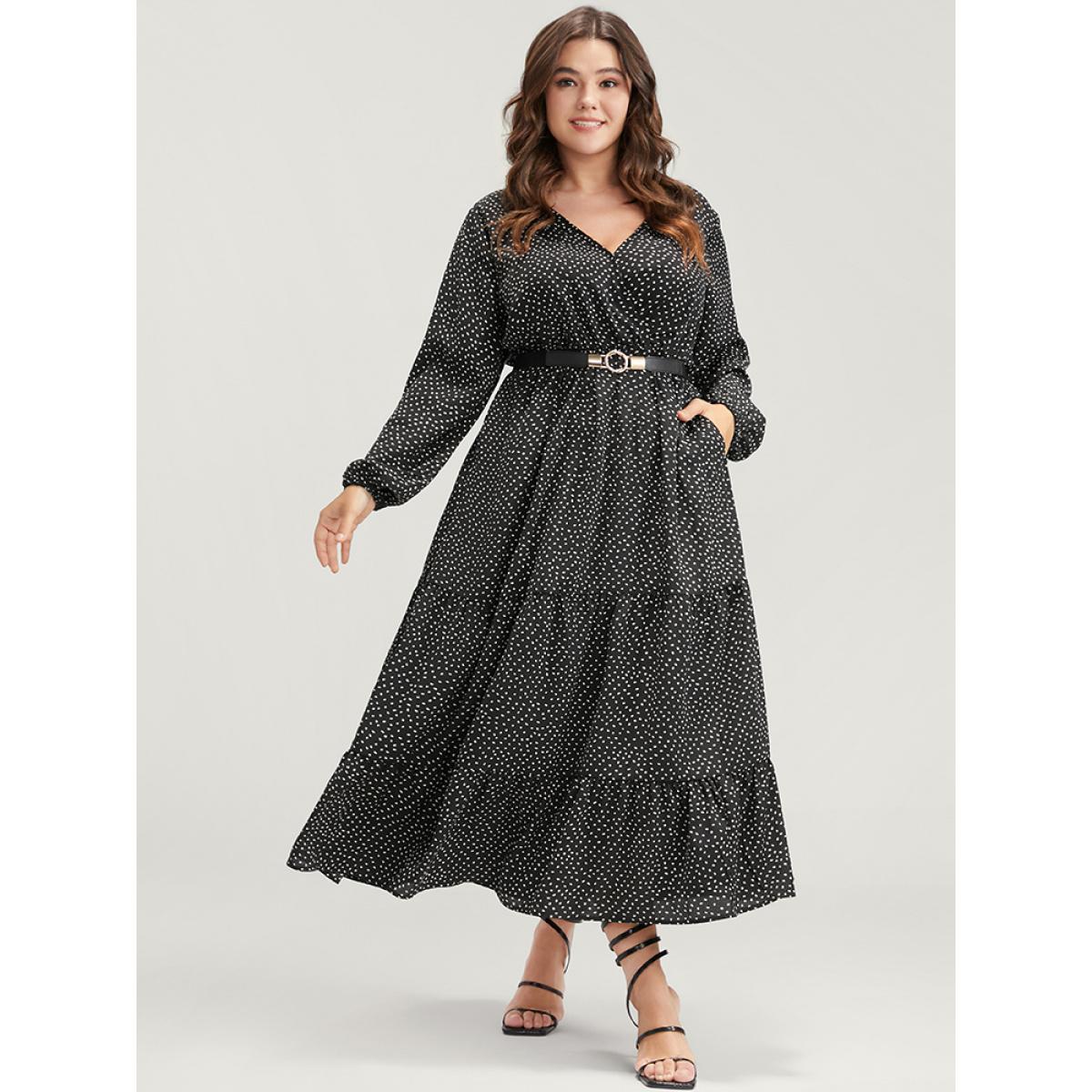 Plus Size Polka Dot Pocket Wrap Ruffles Tiered Dress Without Belt Black Women Elegant Elastic Waist V-neck Long Sleeve Curvy Long Dress BloomChic 18-20/2X Product Image