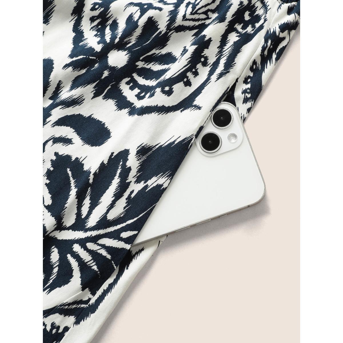 Plus Size Boho Print Mock Neck Shirred Ruffle Cap Sleeve Dress Navy Women Resort Shirred Mock Neck Cap Sleeve Curvy Midi Dress BloomChic 10/M Product Image