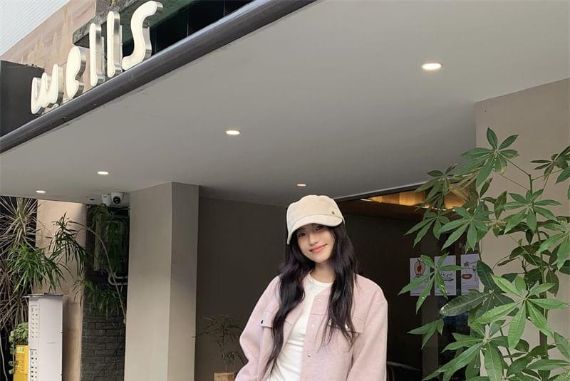 Plain Button Bomber Jacket / Long-Sleeve Crew Neck T-Shirt / Mid Rise Wide Leg Pants Product Image