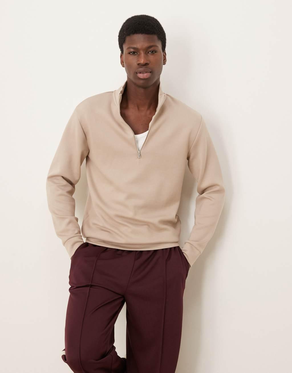 Selected Homme half zip sweatshirt in cream Product Image