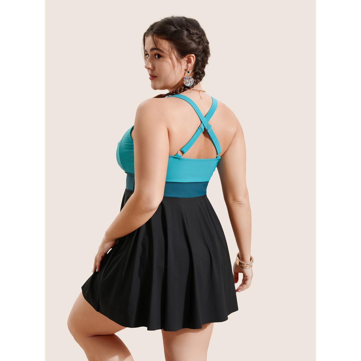 Plus Size Crossover Patchwork Heart Neckline Swim Dress Women's Swimwear Teal Beach Bodycon Heart neckline High stretch Curve Swim Dresses BloomChic 28/5X Product Image