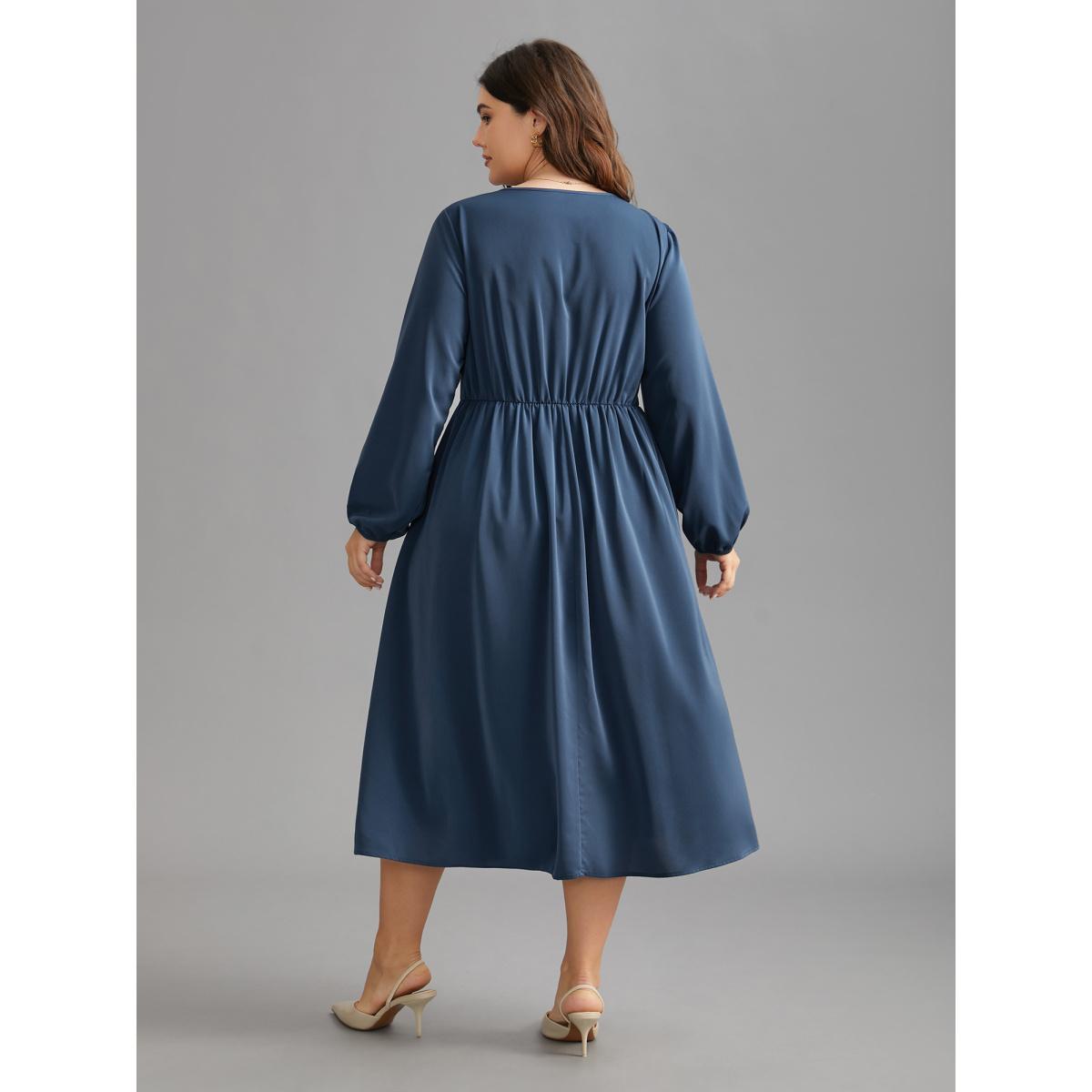 Plus Size Solid Ruffle Trim Elastic Waist Midi Dress DarkSlateGray Women Elegant Frill Trim V-neck Long Sleeve Curvy BloomChic 22-24/3X Product Image