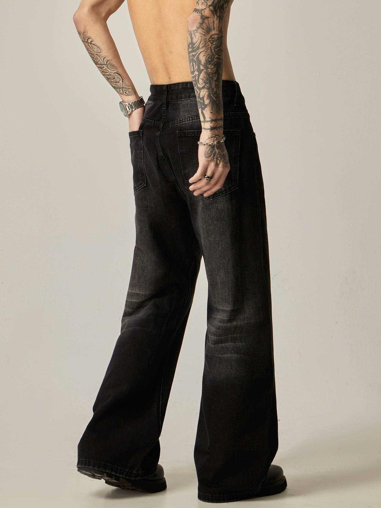 RT No. 11173 WASHED BLACK WIDE STRAIGHT DENIM JEANS Product Image
