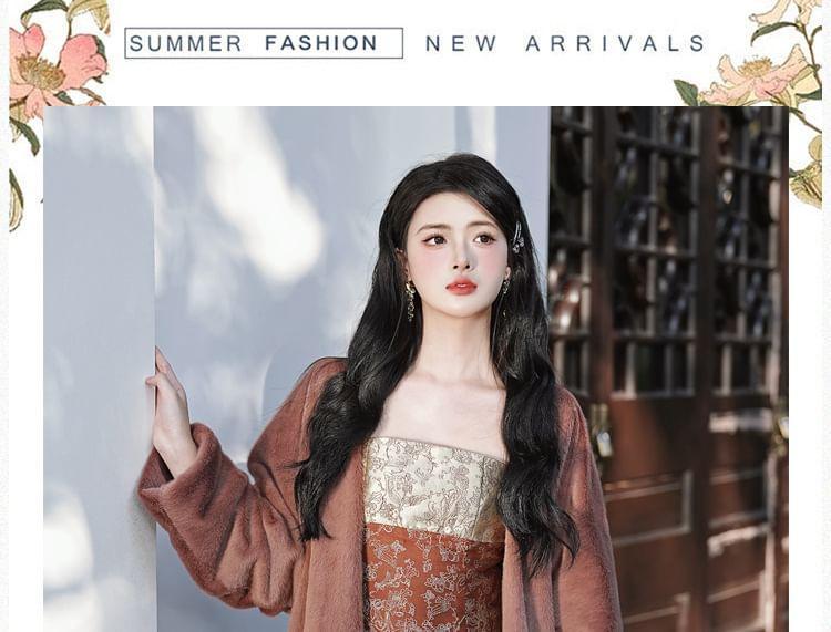 Spaghetti Strap Jacquard Slit Midi Sheath Dress / Plain Cardigan Product Image