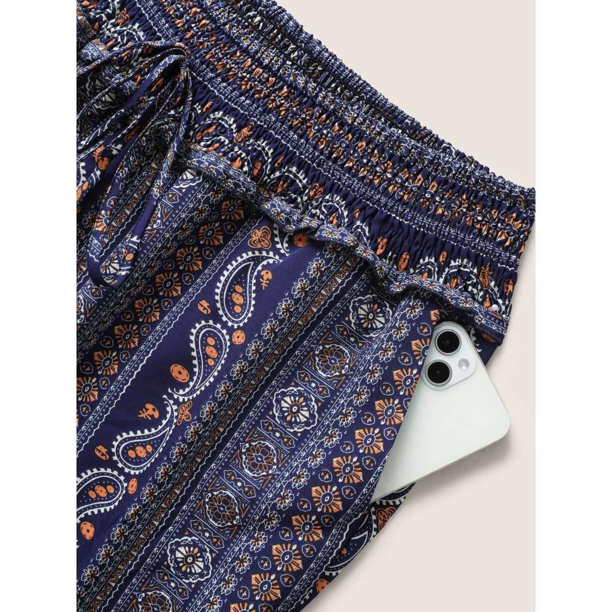 Plus Size Bandana Print Frill Trim Drawstring Pants Women Indigo Casual Wide Leg Mid Rise Everyday Pants BloomChic 10/M Product Image