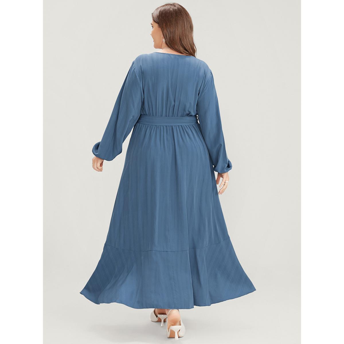 Plus Size Solid Surplice Neck Lantern Sleeve Pocket Belted Asymmetrical Hem Dress Cerulean Women Elegant Asymmetrical V-neck Long Sleeve Curvy Midi Dress BloomChic 22-24/3X Product Image