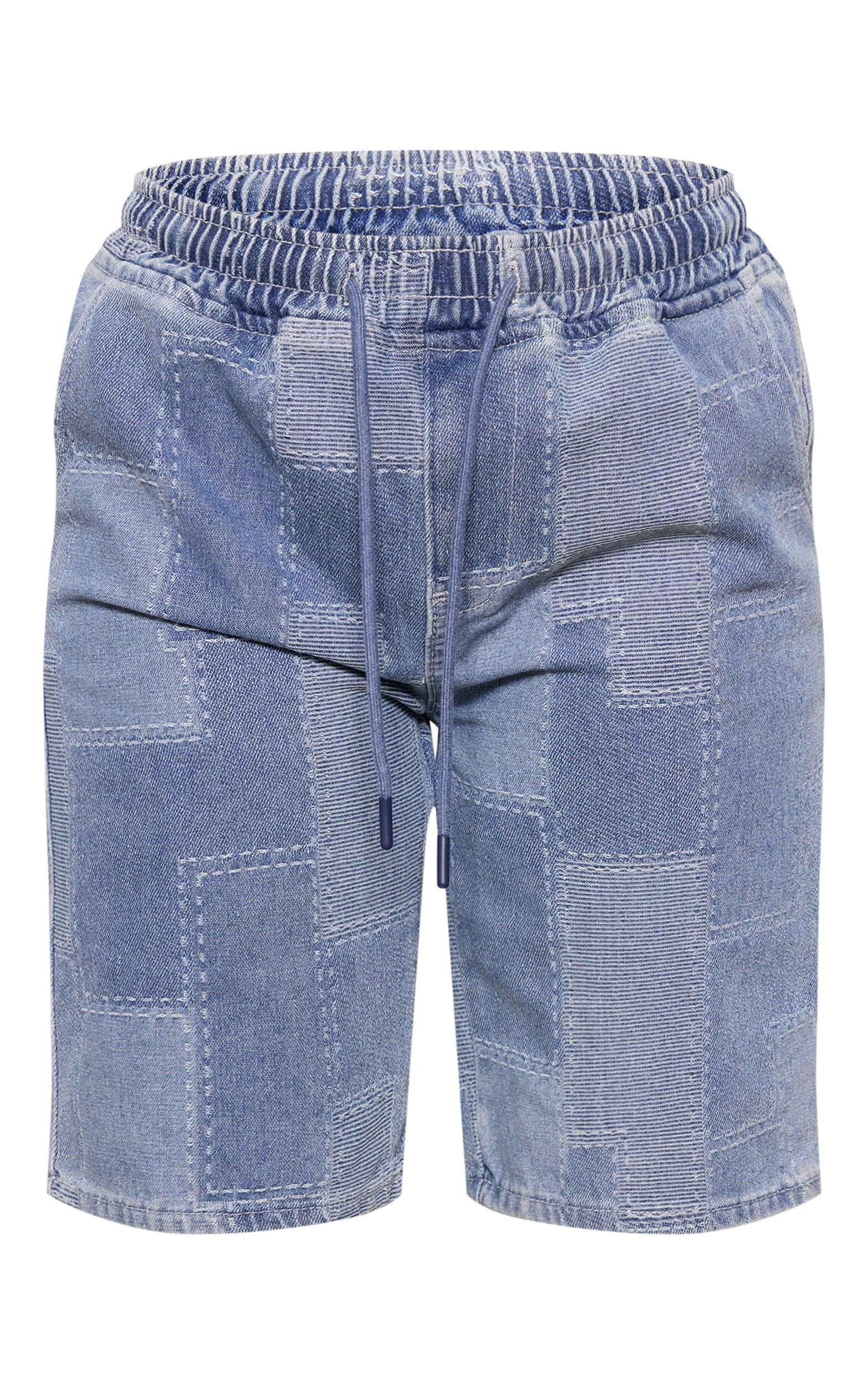 Mid Blue Wash Textured Longline Denim Shorts Product Image