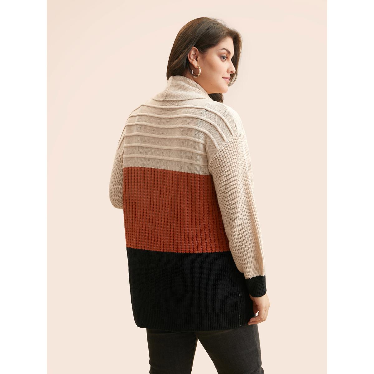 Plus Size Colorblock Contrast Lapel Collar Texture Cardigan Apricot Women Casual Loose Long Sleeve Everyday Cardigans BloomChic 26/4X Product Image