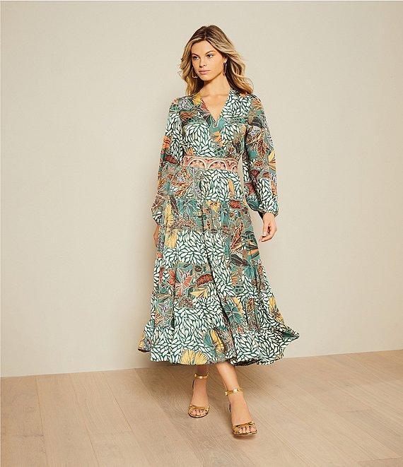 Gibson & Latimer Leaf Print Woven Moonshadow Satin Split V-Neck Long Blouson Sleeve Tiered A-Line Wrap Maxi Dress Product Image