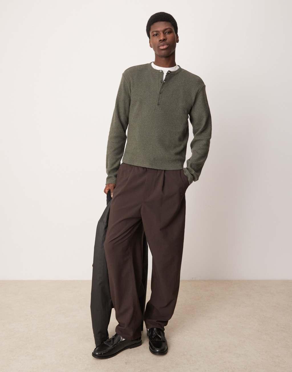 ASOS DESIGN muscle fit boxy brushed rib sweatshirt with henley neck in khaki Product Image