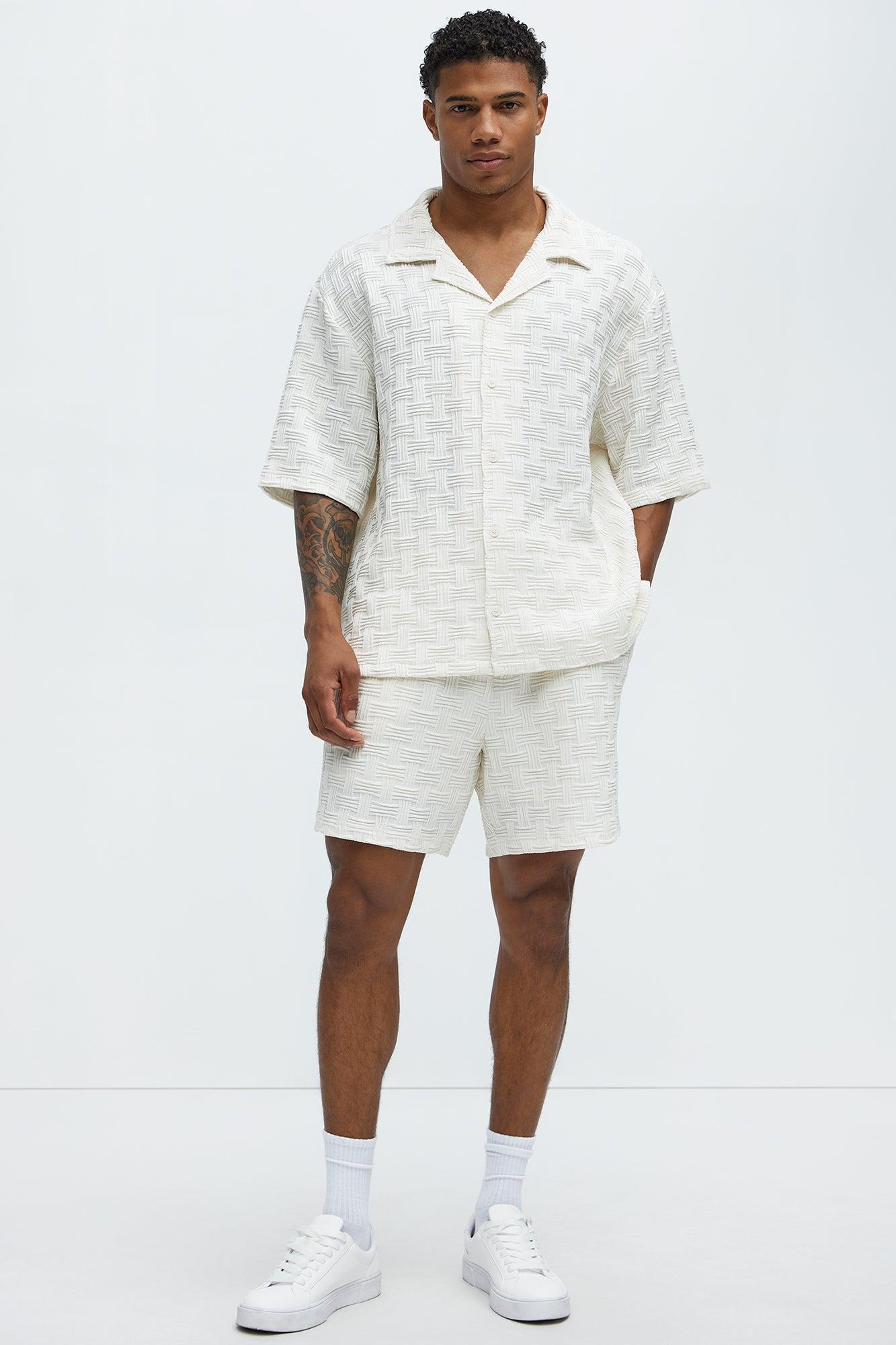 Criss Cross Textured Cuban Collar Shirt - Cream Product Image