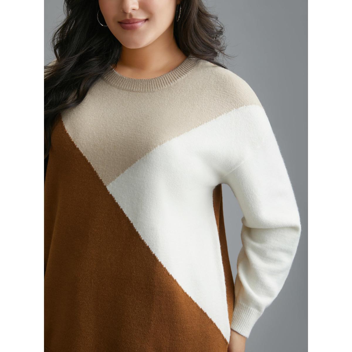 Plus Size Supersoft Essentials Color Block Crew Neck Pullover Yellowishbrown Women Casual Loose Long Sleeve Round Neck Everyday Pullovers BloomChic 12/L Product Image