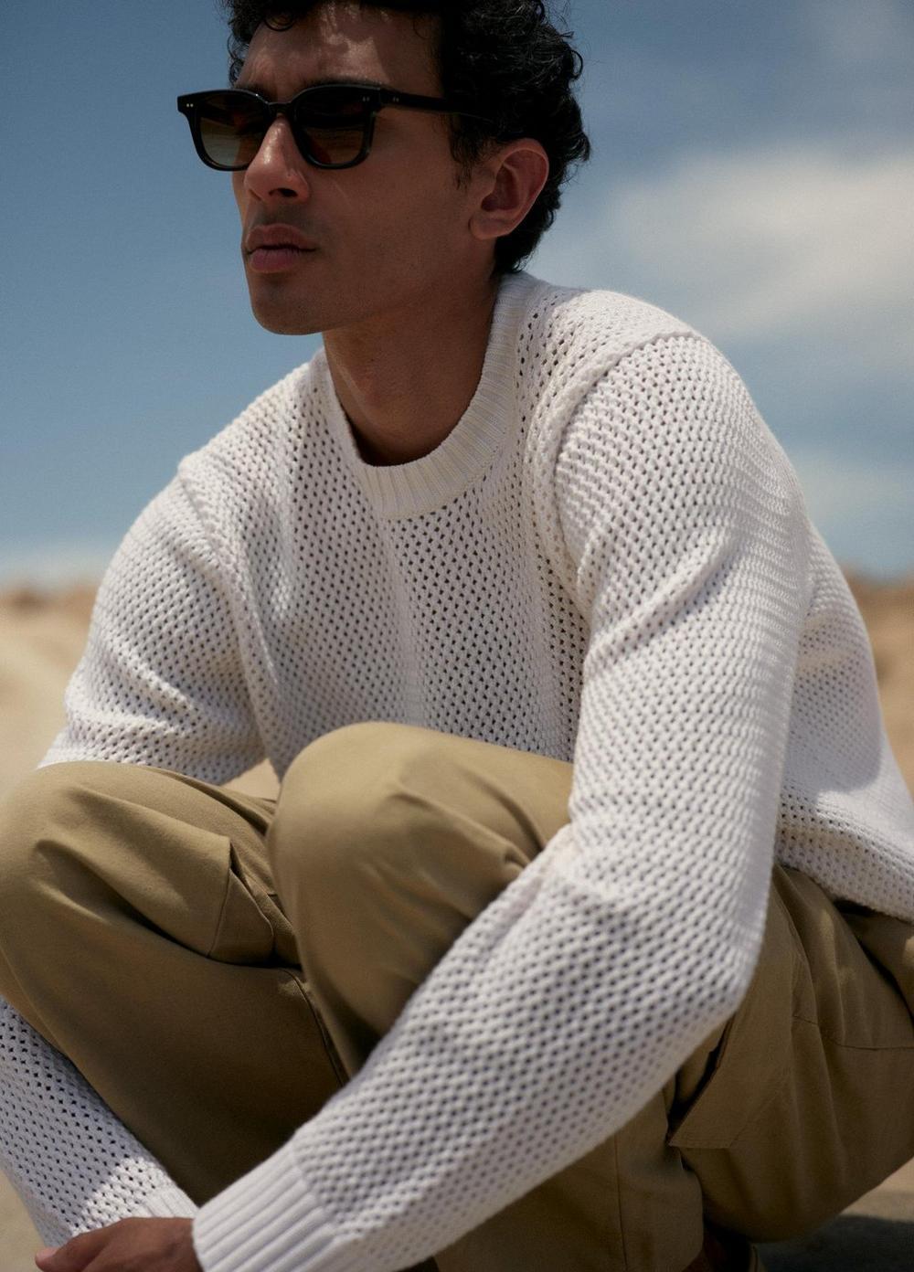 Mens Mesh-stitch Cotton-Cashmere Crew Neck Sweater, Optic White, Size L Vince Product Image