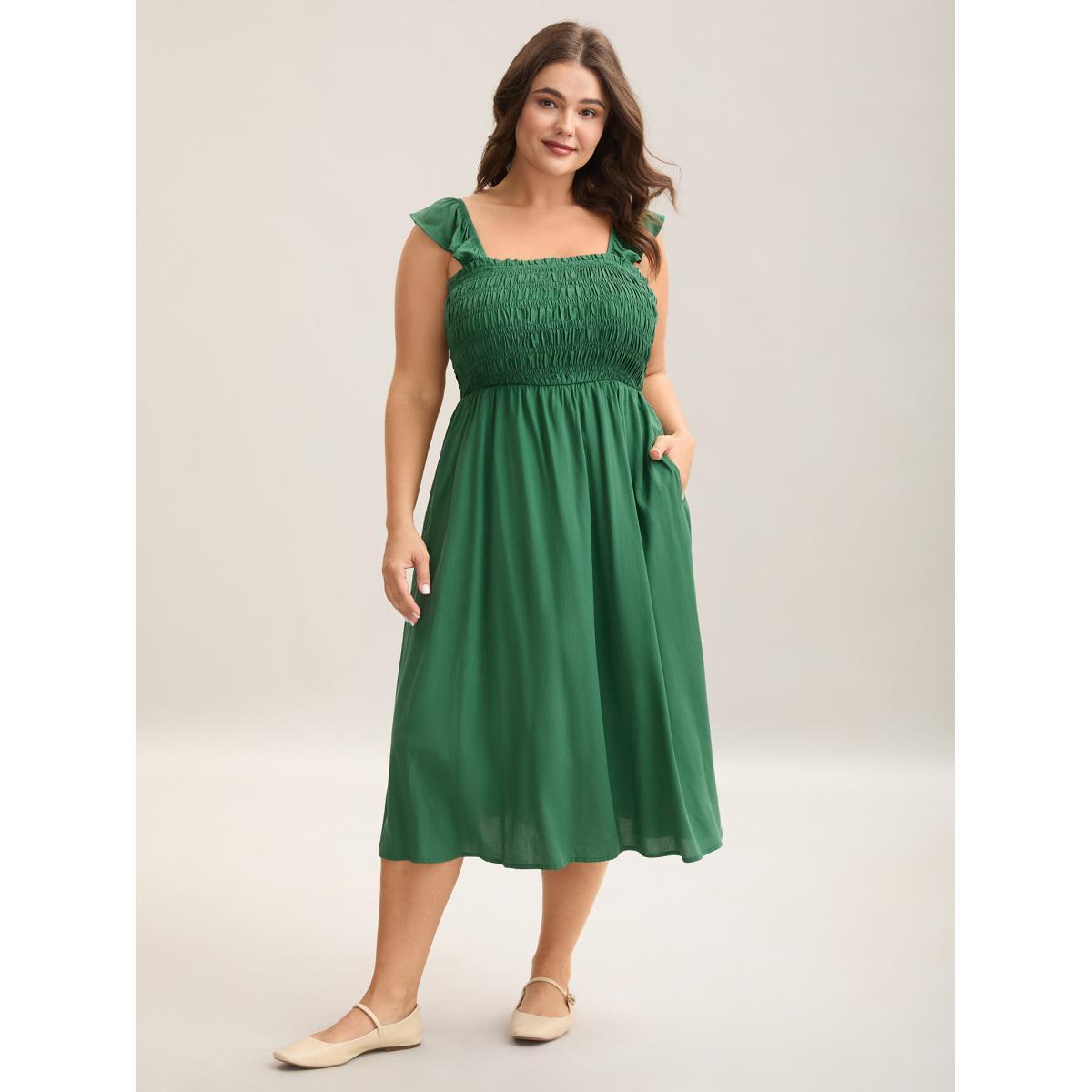 Plus Size Rayon Shirred Flutter Straps Pockets Midi Dress Emerald Women Square Neck Sleeveless Curvy BloomChic 28/5X Product Image