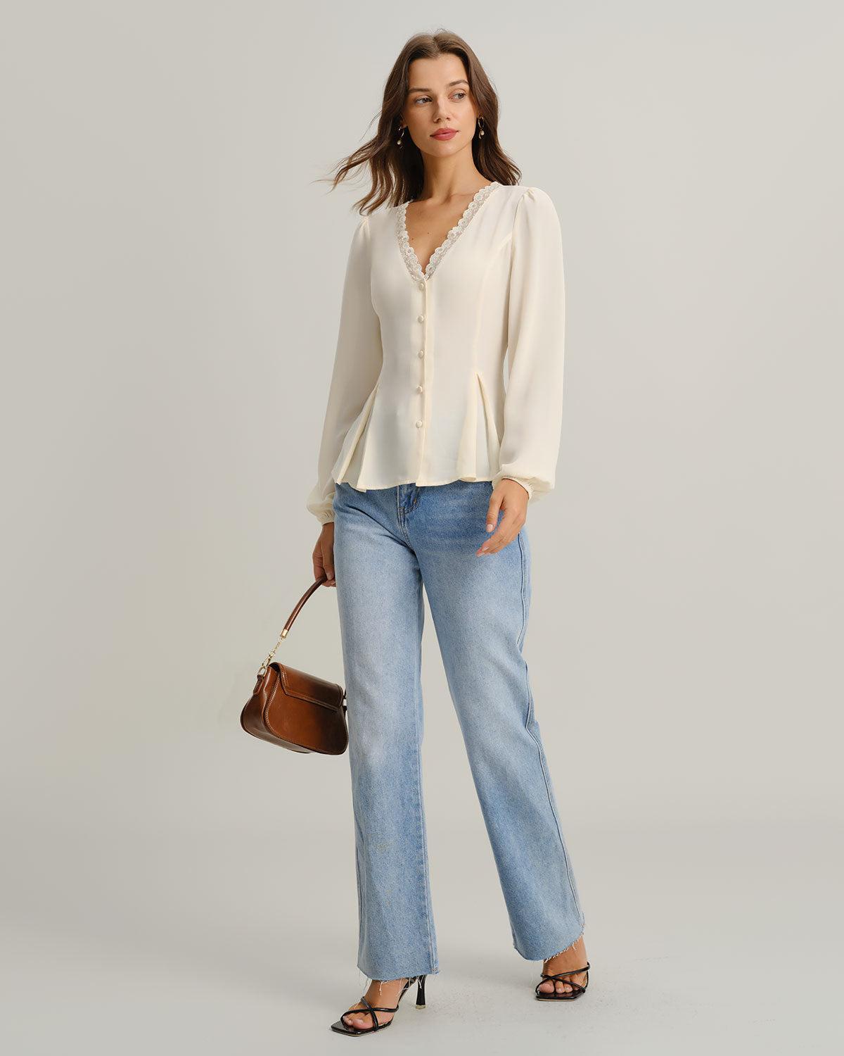 Apricot V Neck Lace Lantern Sleeve Blouse Product Image