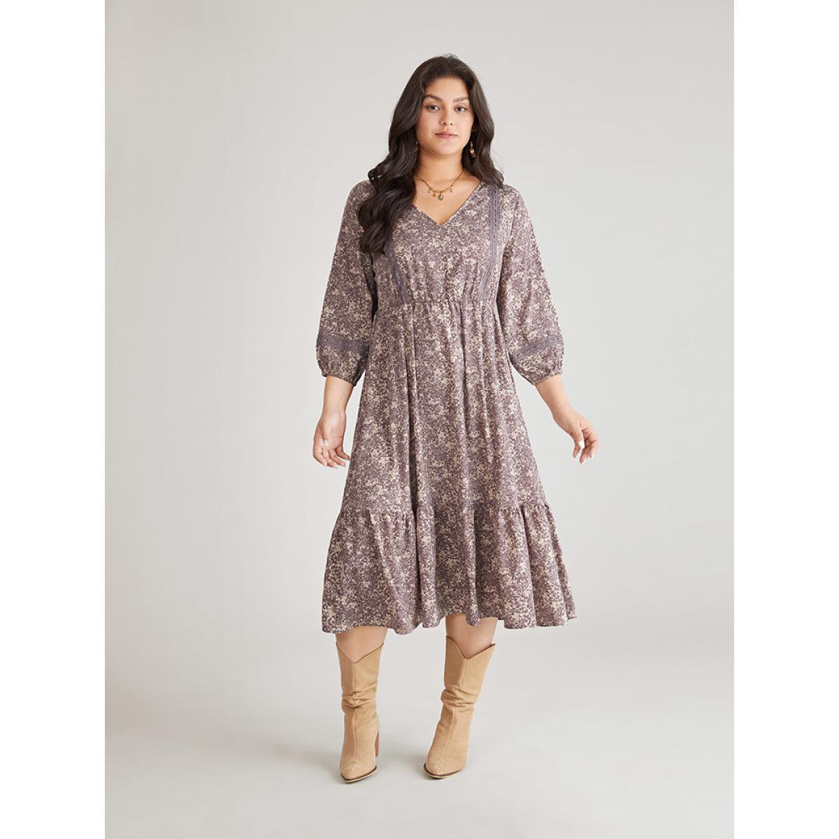 Plus Size Ditsy Floral Layered Flutter Hem Lace Insert Dress Mauve Women Vacation Elastic cuffs V-neck Elbow-length sleeve Curvy Midi Dress BloomChic 30/6X Product Image
