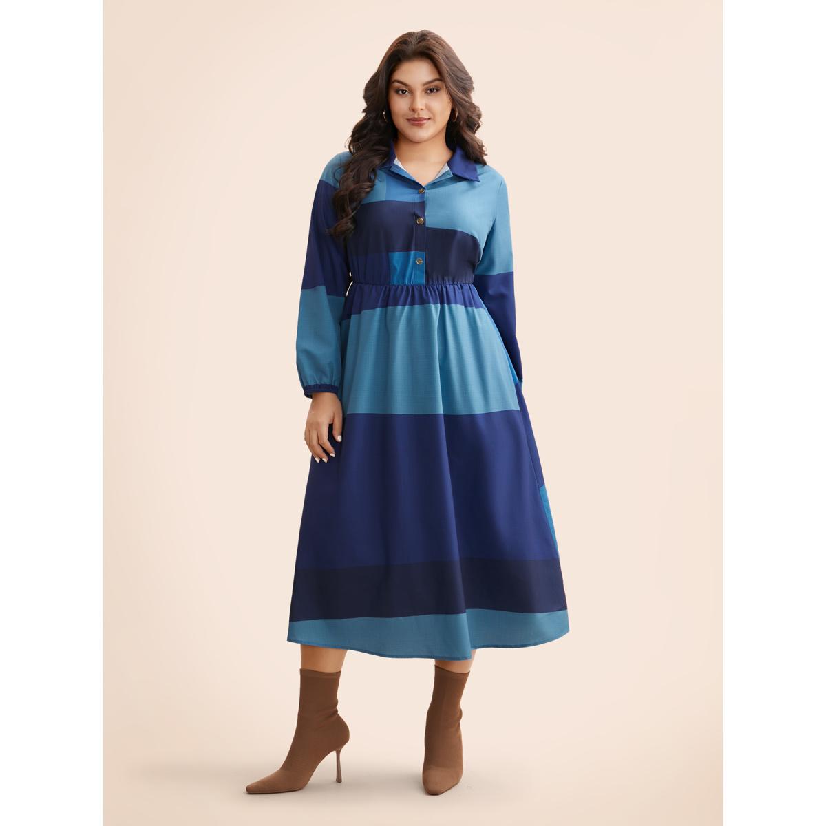 Plus Size Shirt Collar Colorblock Contrast Midi Dress DarkBlue Women Elegant Contrast Shirt collar Long Sleeve Curvy BloomChic 30/6X Product Image