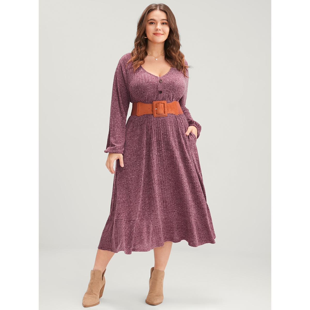Plus Size Solid Button Detail Pocket Rib Knit Flutter Dress Burgundy Women Casual Elastic Waist V-neck Long Sleeve Curvy Midi Dress BloomChic 14-16/1X Product Image