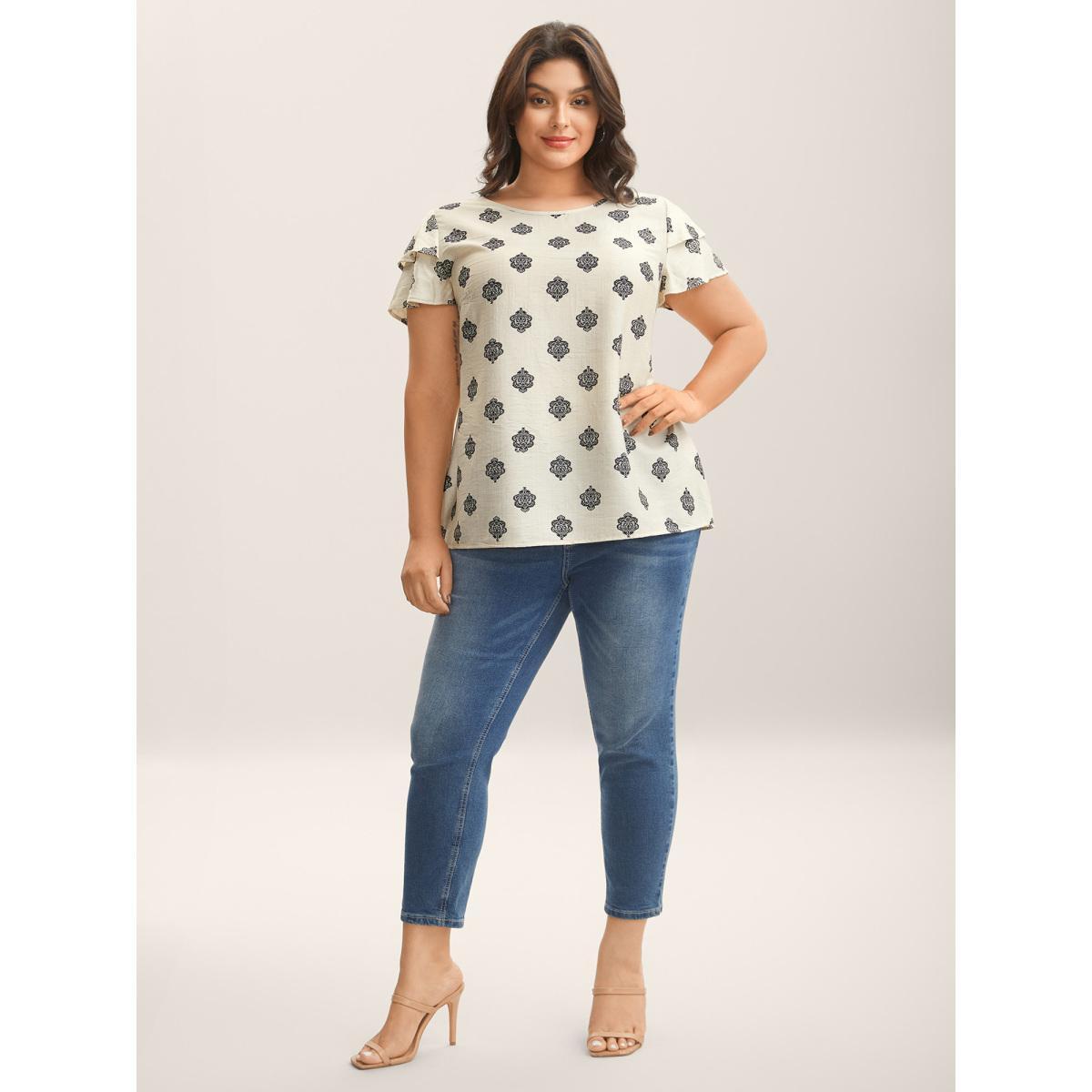 Plus Size Ivory Boho Print Layered Sleeve Shirt Women Short sleeve Round Neck Vacation Blouses BloomChic 10/M Product Image