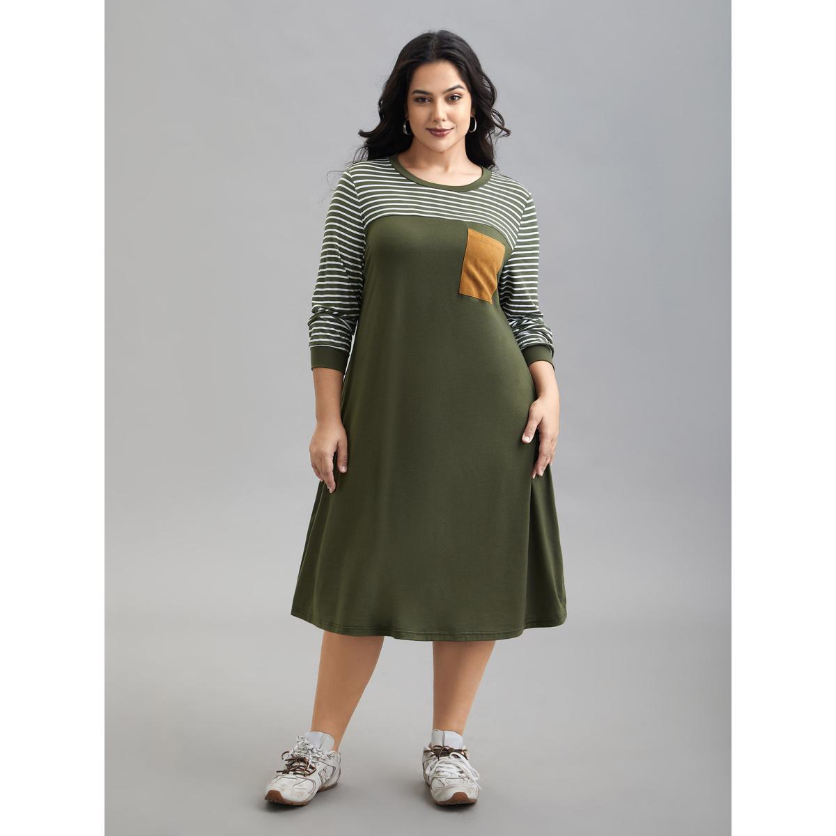Plus Size Solid and Striped Flared Midi Dress ArmyGreen Women Casual Patchwork Knit Dresses Bloomchic 26/4X Product Image
