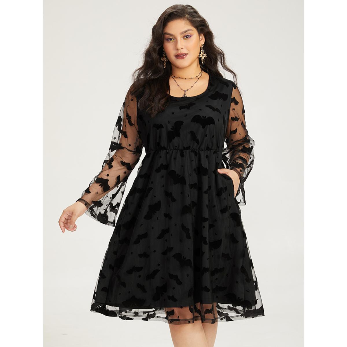 Plus Size Halloween Bat Print Mesh Long Sleeve Dress Black Women Elegant See through Round Neck Long Sleeve Curvy Midi Dress BloomChic 12/L Product Image