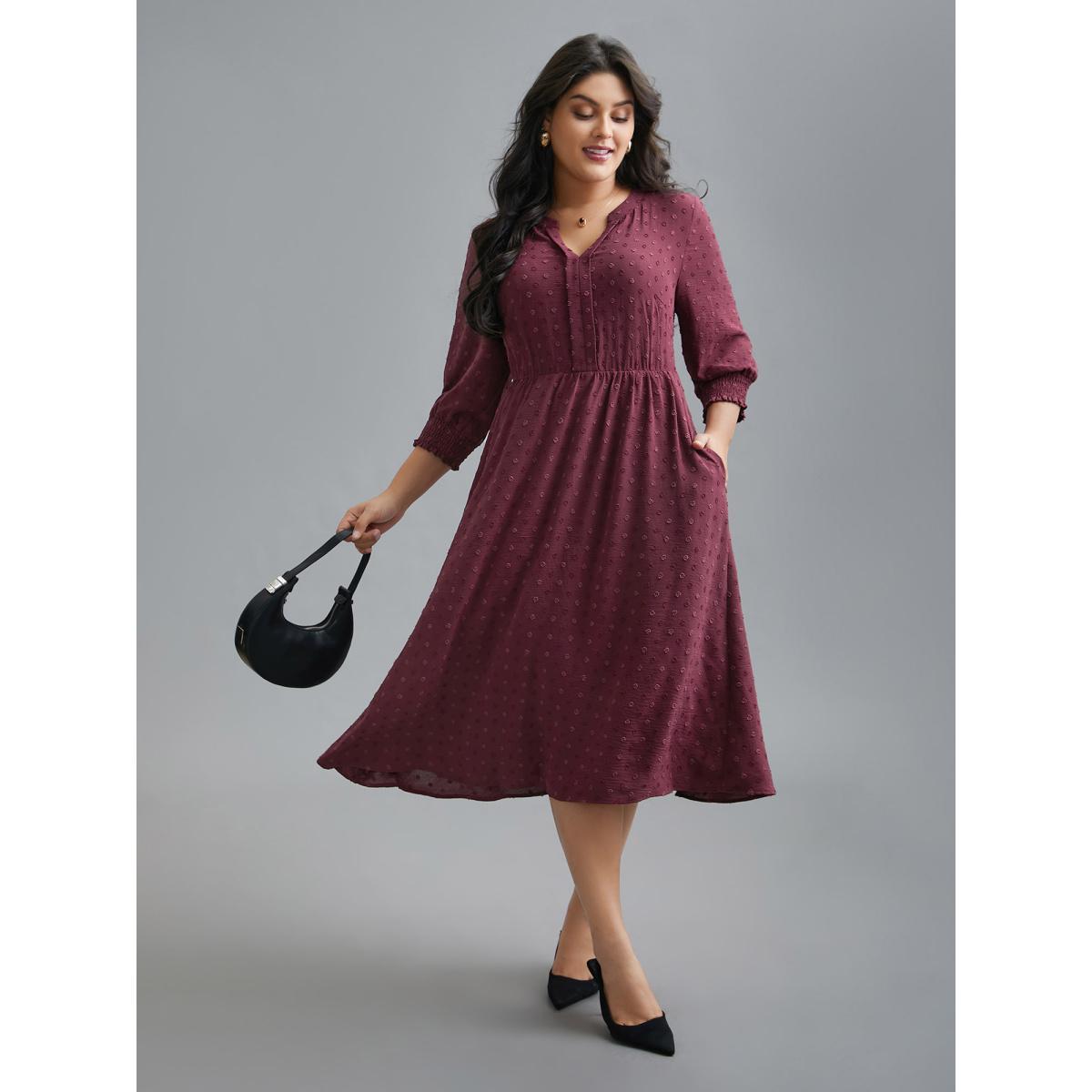 Plus Size Notched Collar Textured Smocked Cuffs Dress Plum Women At the Office Tucked seam Notched collar Elbow-length sleeve Curvy BloomChic 10/M Product Image