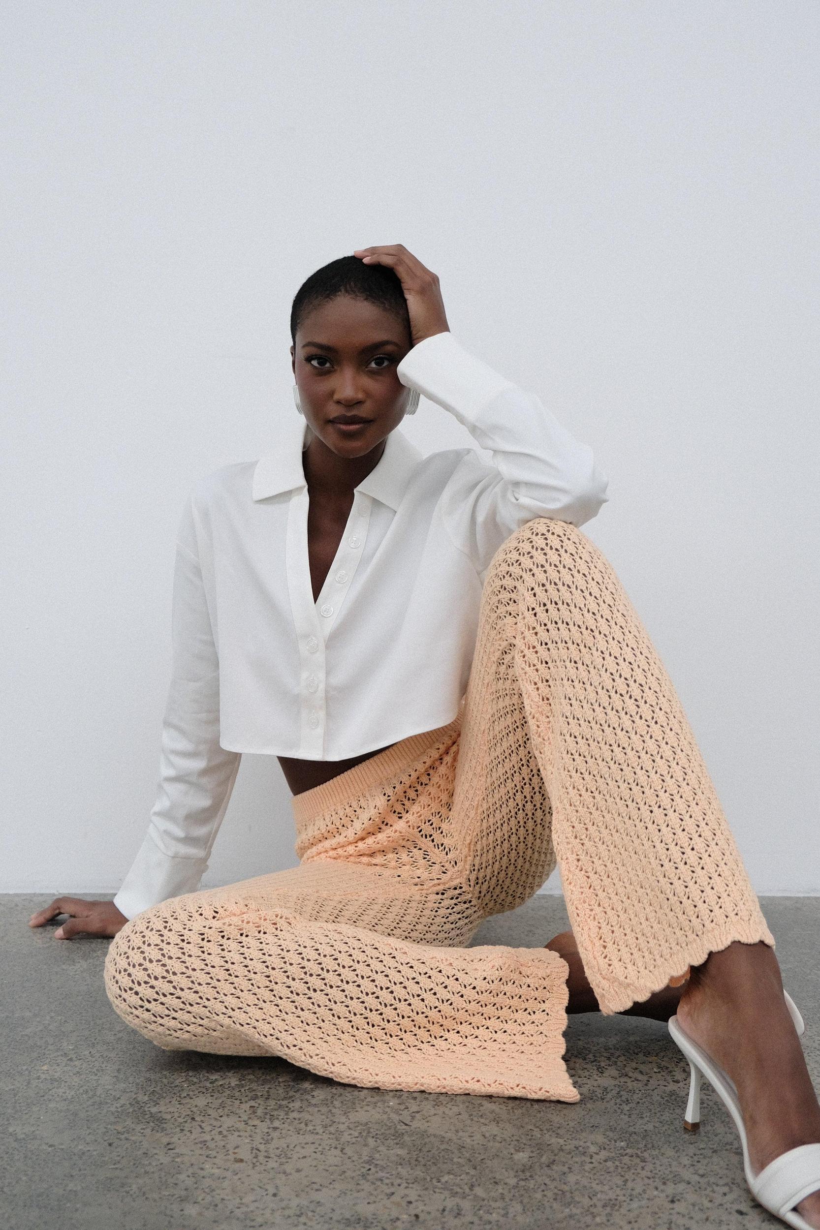 Rosana Crochet Straight Leg Pants - Apricot Product Image